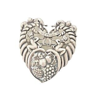 Vintage Sterling Silver Gemini Heart Brooch Cherubs Signed by Guglielmo Cini